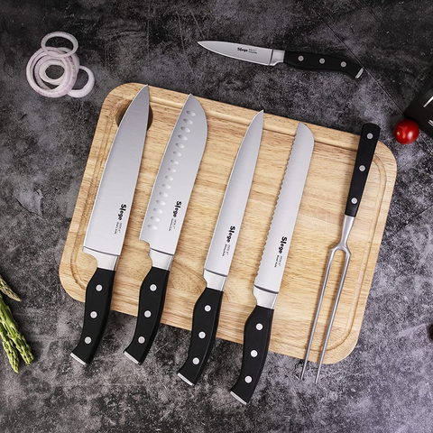 Image of Knife Set, 16-Piece Kitchen Knife Set with Block Wooden, Manual Sharpening for Black Chef Knife Set with Carving Fork, German Stainless Steel Knife Block Set by Slege