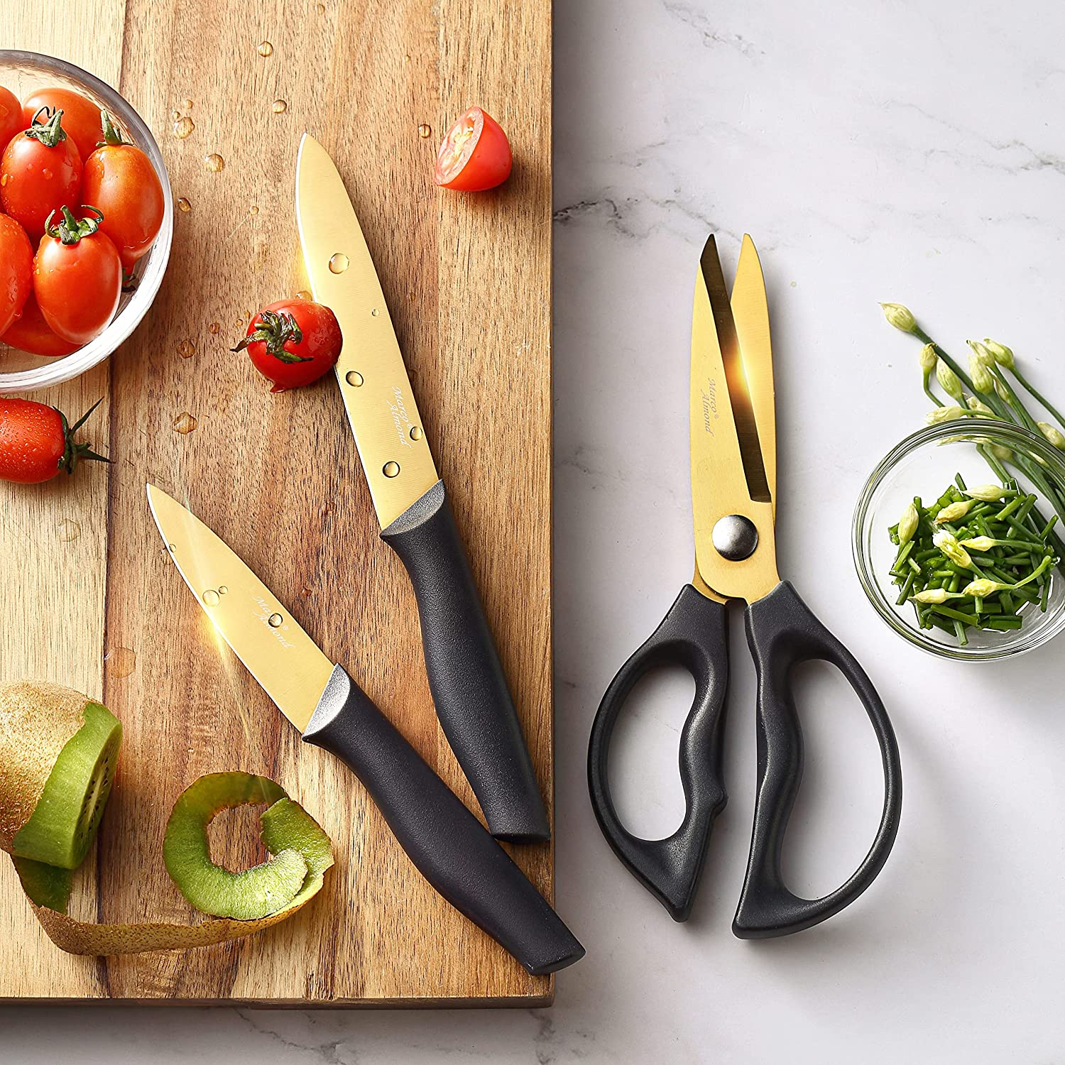 Marco Almond Golden Titanium Knife Set with Acrylic Stand, Kitchen Knives Set with Block, Scissor,Santoku Knife,6 Golden Steak Knives Cutlery Gold Knife Set,14Piece Set,Black Handle