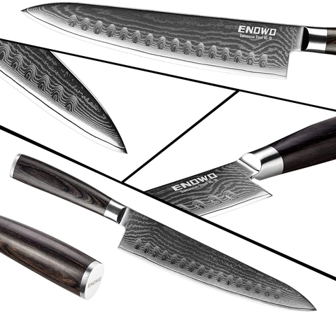 Image of Enowo Damascus Chef Knife 8 Inch with Clad Dimple,Razor Sharp Kitchen Carving Sushi Knife Made of Japanese VG-10 Stainless Steel,Gift Box,Ergonomic, Superb Edge Retention, Stain & Corrosion Resistant