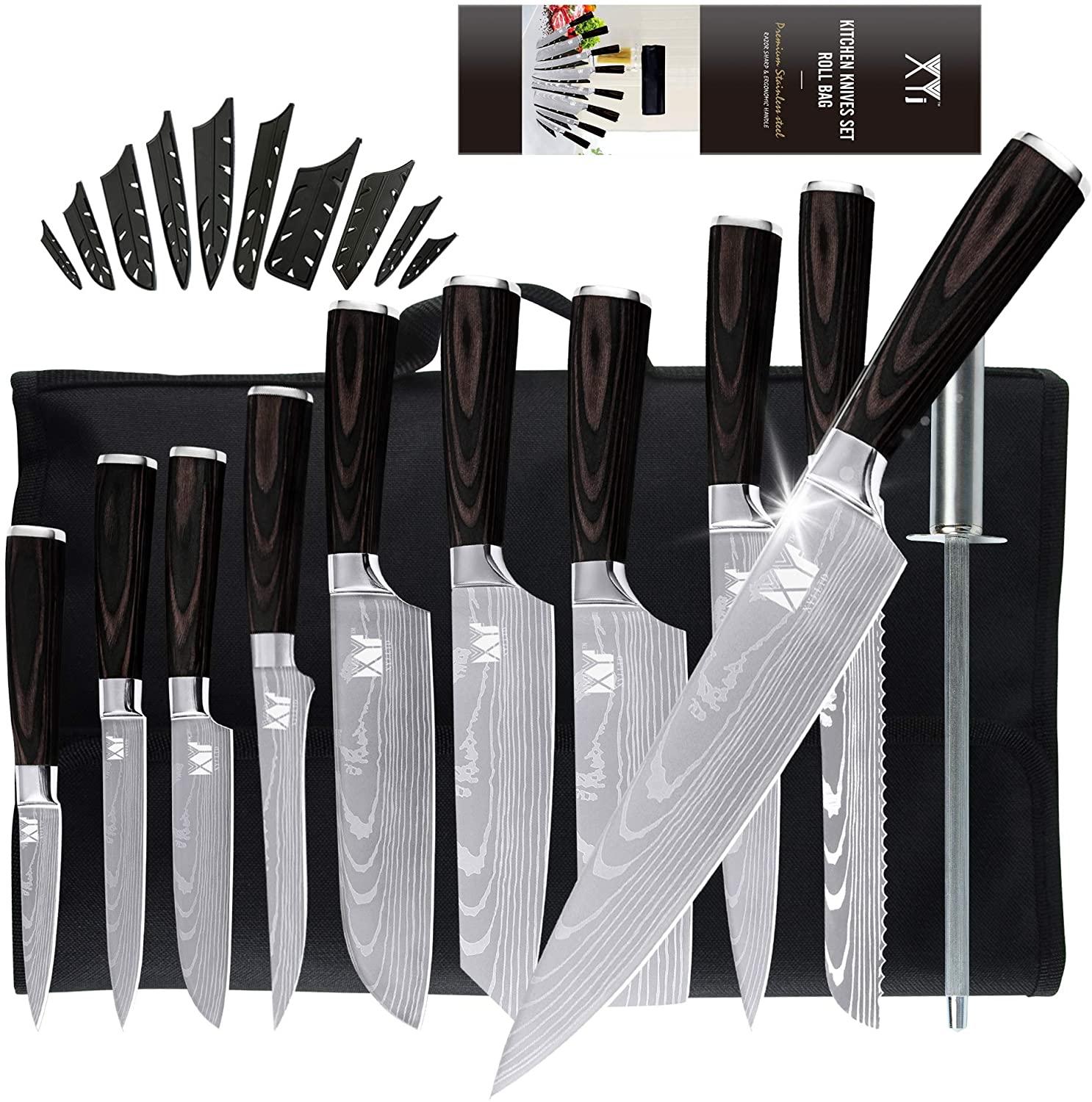 XYJ Stainless Steel Kitchen Knives Set 10 Piece Chef Knife Set with Knife Sharpening Rod Carry Case Bag & Sheath Well Balance Ergonomic Handle