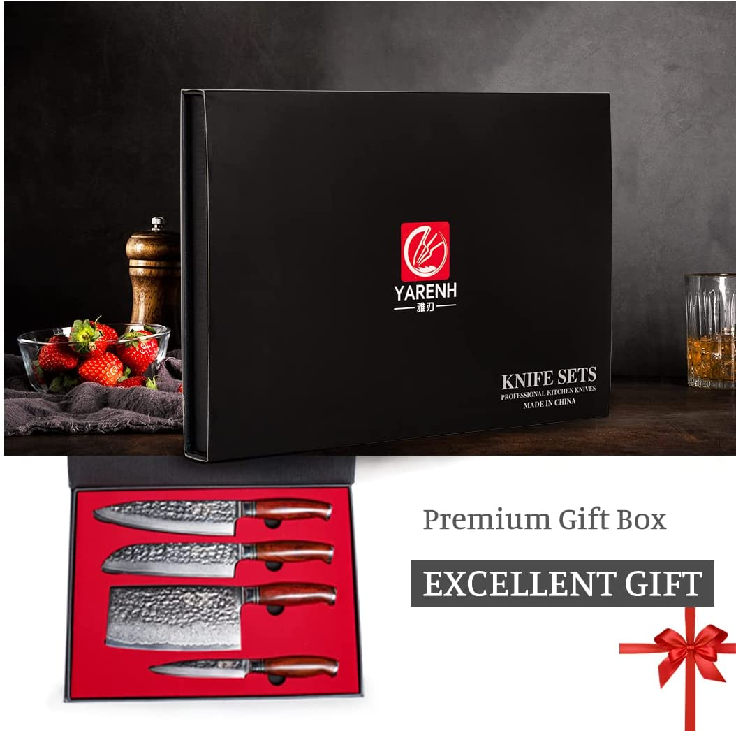 YARENH Damascus Kitchen Knife Set with Cleaver 4 Pcs - 73 Layers Japanese High Carbon Stainless Steel - Full Tang Natural Dalbergia Wood Handle - Professional Chef Knife Set