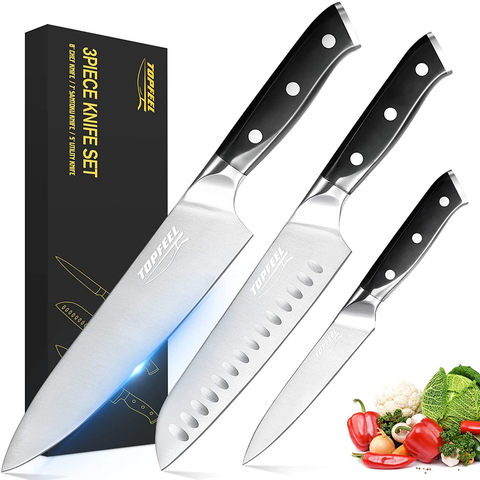 Image of Professional Chef Knife Set Sharp Knife, German High Carbon Stainless Steel Kitchen Knife Set 3 Pcs-8"Chefs Knife &7"Santoku Knife&5"Utility Knife, Knives Set for Kitchen with Gift Box