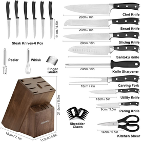 Knife Set, 21 Pieces Kitchen Knife Set with Block Wooden, Germany High Carbon Stainless Steel Professional Chef Knife Block Set, Ultra Sharp, Forged, Full-Tang (Black)