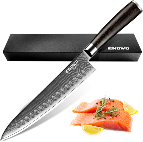 Image of Enowo Damascus Chef Knife 8 Inch with Clad Dimple,Razor Sharp Kitchen Carving Sushi Knife Made of Japanese VG-10 Stainless Steel,Gift Box,Ergonomic, Superb Edge Retention, Stain & Corrosion Resistant