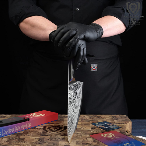 Image of DALSTRONG Chef Knife - 8 Inch - Shogun Series - Damascus - Japanese AUS-10V Super Steel Kitchen Knife - Black Handle - Razor Sharp Knife - W/Sheath
