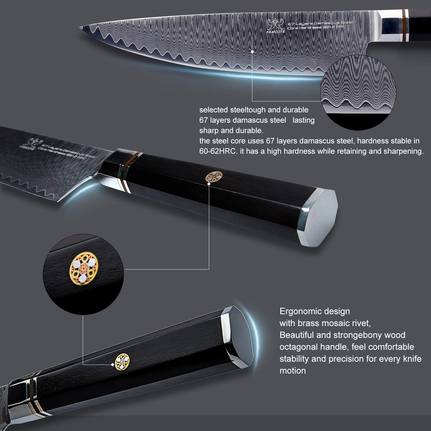 FAMCÜTE 8" Chef'S Knife, Made of 67 Layers Damascus W/Octago Indonesian Ebony Handle Professional Japanese Gyuto Knife Have Razor Sharp and Superb Edge Retention