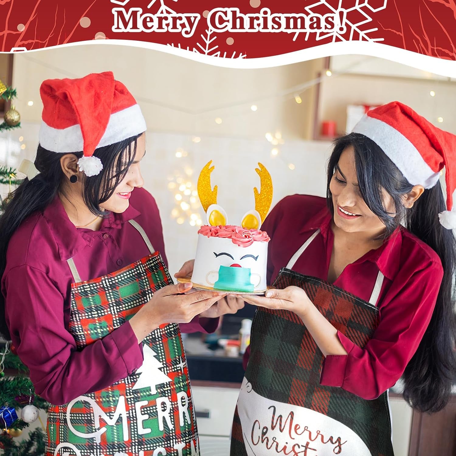 8 Pcs Christmas Buffalo Plaid Aprons Waterproof Holiday Kitchen Aprons Xmas Adjustable Baking Cooking Aprons Merry Christmas Aprons for Women Men Adults Chef Housewife