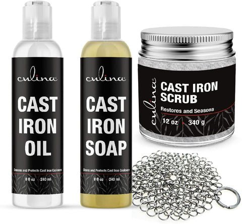 Image of Culina Cast Iron Soap Set | Conditioning Oil | Stainless Scrubber | Restoring Scrub | All Natural Ingredients | Best for Cleaning, Non-stick Cooking & Restoring | for Cast Iron Cookware, Skillets, Pans & Grills!… - Livananatural