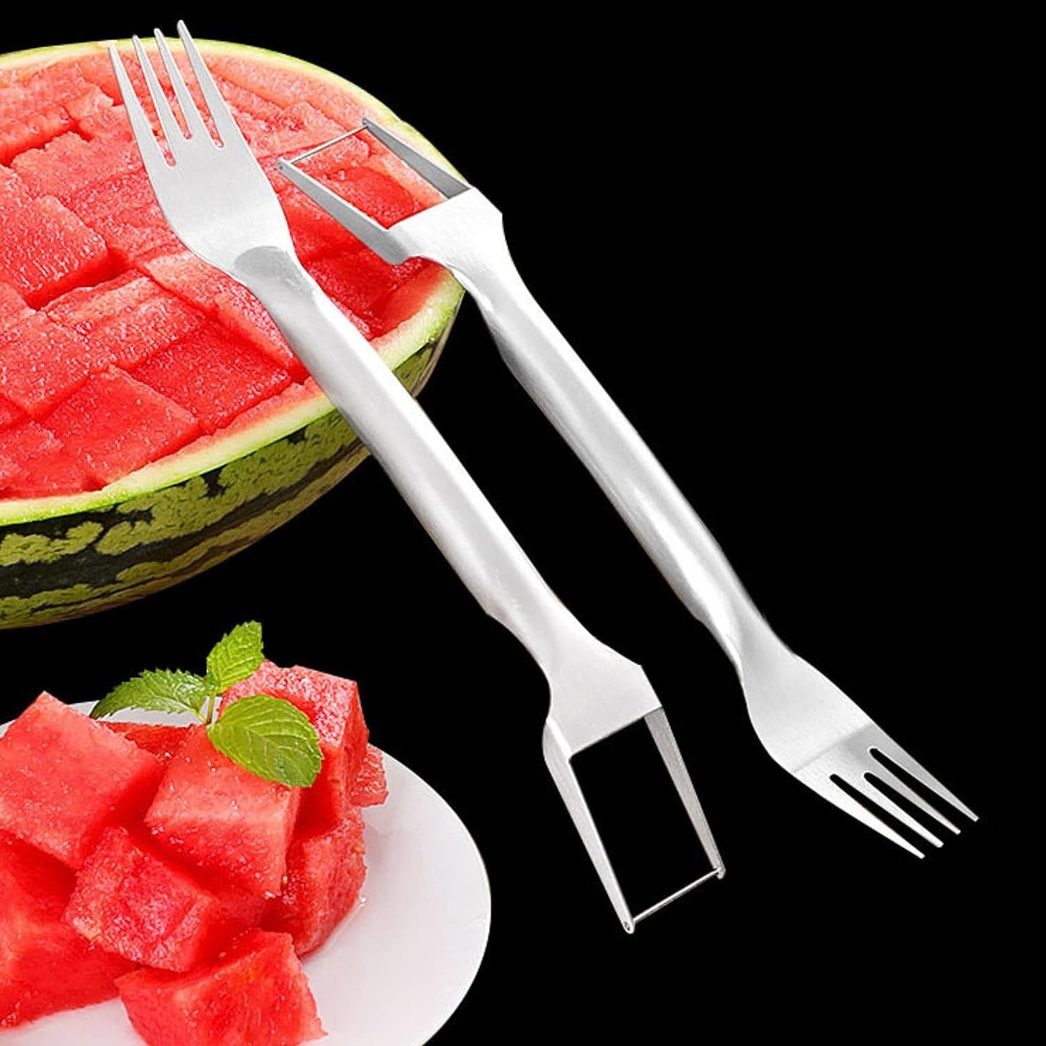 3PCS Watermelon Slicer Cutter, 2- In- 1 Watermelon Fork Slicer, 2023 New Watermelon Slicer Cutter Summer Watermelon Fruit Cutting Fork, Stainless Steel Fruit Forks for Family Parties Camping