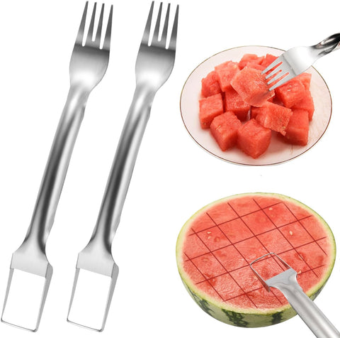 Image of 2Pcs Watermelon Fork Slicer Cutter, 2-In-1 Stainless Steel Watermelon Fork Slicer, Portable Watermelon Fork Watermelon Cutting Tool Fruit Forks Slicer for Home Party Camping Kitchen Cutting Artifact