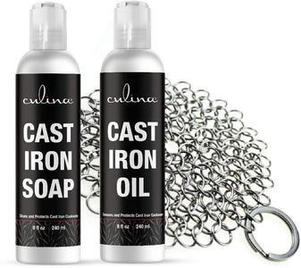 Culina Cast Iron Soap Set | Conditioning Oil | Stainless Scrubber | All Natural Ingredients | Best for Cleaning, Non-stick Cooking & Restoring | for Cast Iron Cookware, Skillets, Pans & Grills!… - Livananatural