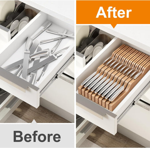 Image of Bamboo Knife Block Holder, In-Drawer Knife Drawer Organizer-Protecting Knife Organizer Block Holds up to 19 Knives（Not Included）