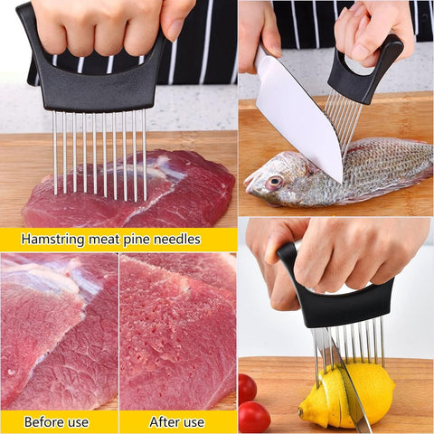 Image of 3 PCS Stainless Steel Finger Guard Onion Holder for Slicing Set, Kitchen Safe Steel Slicing Tool for Hands, Finger Protector Knife Guard for Chopping, Cutting