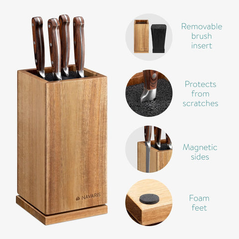 Image of Rotating Wood Knife Block - Magnetic Universal Holder without Knives - Kitchen Storage with Plastic Bristles and Magnetic Sides - Acacia