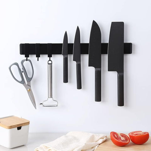 Image of Stainless Steel Magnetic Knife Strip for Wall,16 Inch Magnetic Knife Holder with 3 Hooks,Adhesive Magnetic Knife Bar Rack,No Drilling,Black
