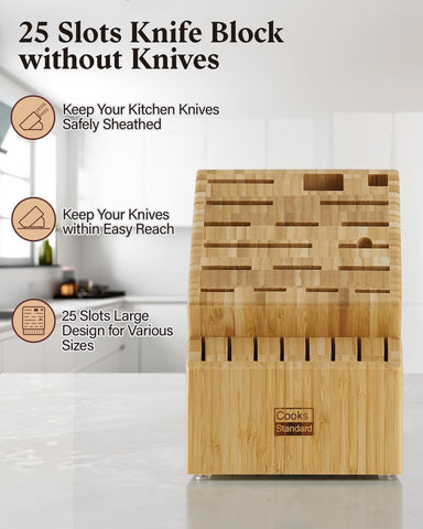 Image of Bamboo Knife Block Holder without Knives, 25 Slot X-Large Universal Countertop Butcher Block Kitchen Knife Stand for Easy Kitchen Storage