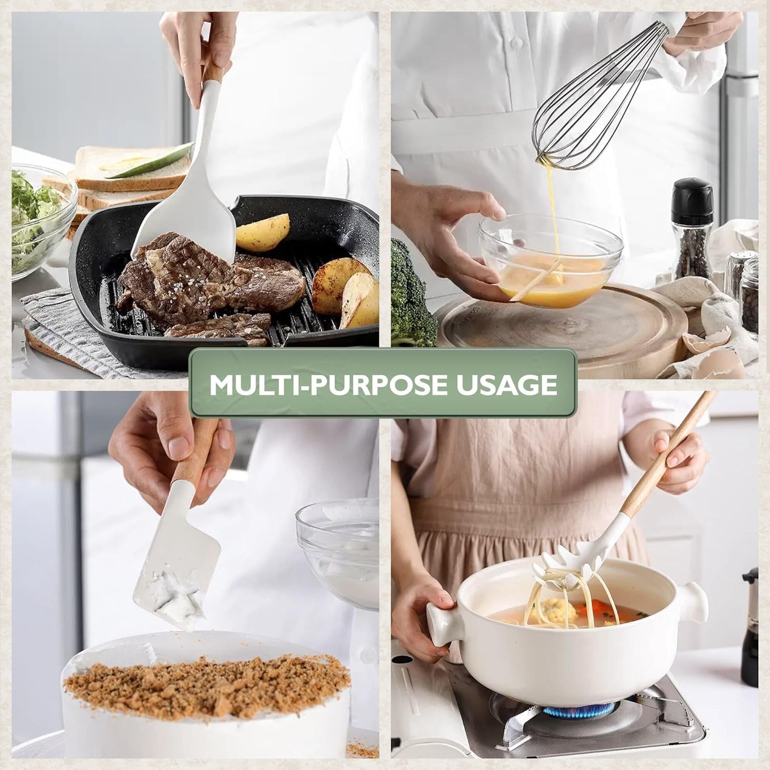 White Silicone Cooking Utensils, White Kitchen Utensils, White Cooking Utensils Set | Silicone Spatula, Tongs, Ladle, Serving Spoons-Non-Stick, BPA Free Kitchen Utensils Set with Holder - 11 Pc