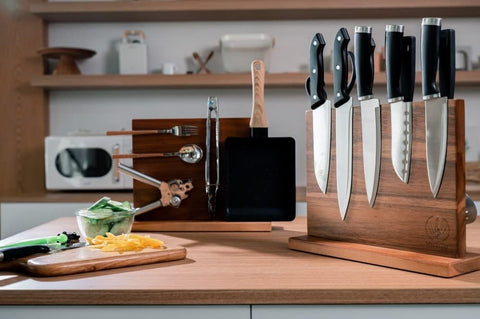 Image of Magnetic Knife Block Home Kitchen Multi-Functional Knife Storage Waterproof Acacia Wood Holder Rack