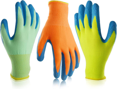 Image of Kids Gardening Gloves, 3 Pairs Non-Slip Garden Gloves for Kids, 5 Sizes for Toddlers, Preschooler, Schoolchild, Preteen, Childrens Rubber Coated Yard Work Gloves (Size 6 (Age 11-13 Year Old))