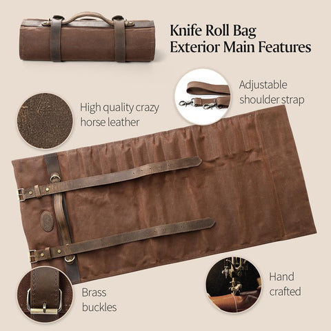 Image of Chef Knife Roll Bag-Professional Chef Knife Case-16Oz Waxed Canvas and Crazy Horse Leather -With 12 Slots plus 2 Zipper Pockets to Hold Kitchen Cooking Tools-Travel Tool Roll Pouch(Bag Only)