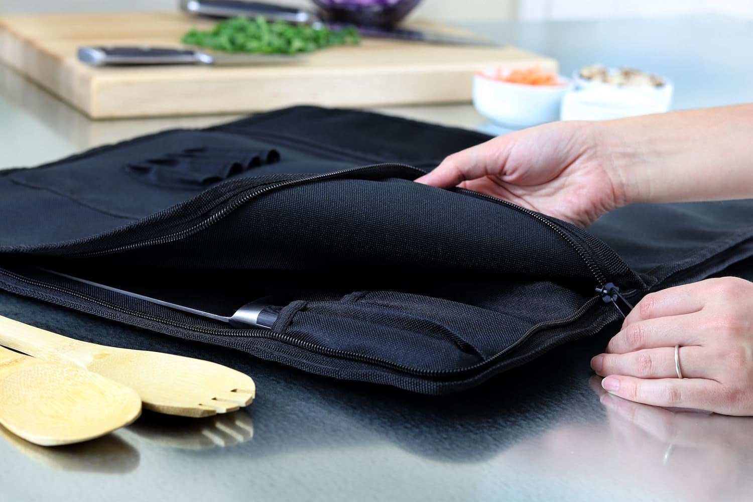 Chef Knife Bag (8+ Slots) Is Padded and Holds 8 Knives plus Your Meat Cleaver, Knife Hone, Utensils, and a Zipped Pouch for Tools. Durable Knives Carrier Also Includes a Name Card Holder. (Bag Only)