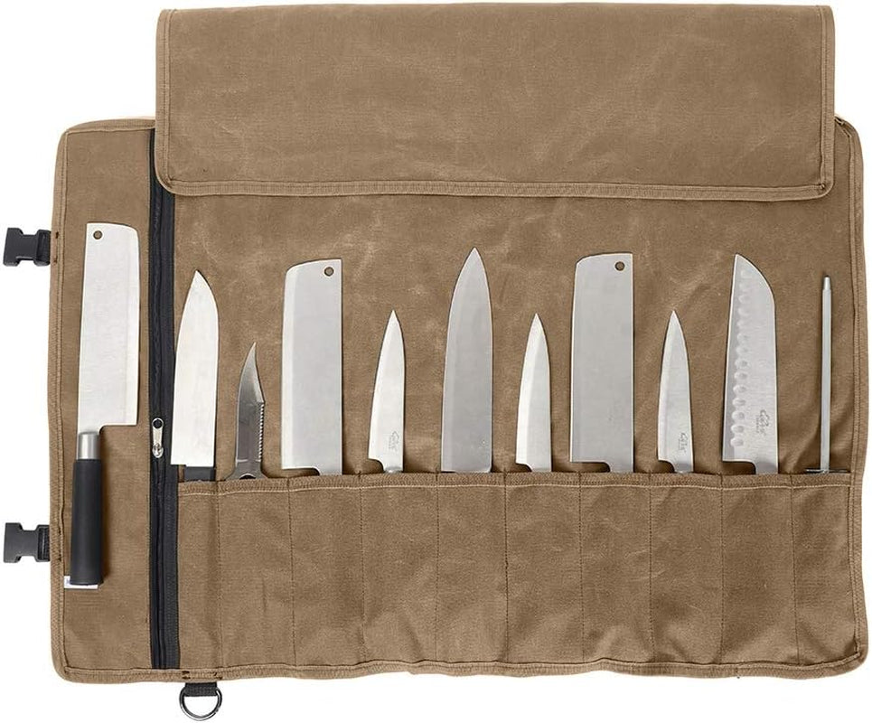 Knife Roll,Knife Bag,Knife Case,Waxed Canvas Chef Knife Bag,Portable Knife Roll Bag with 10 Slots plus 1 Zipper Pockets Can Hold Home Kitchen Knife Tools up to 18.8”,Heavy Duty Knife Bags for Chefs