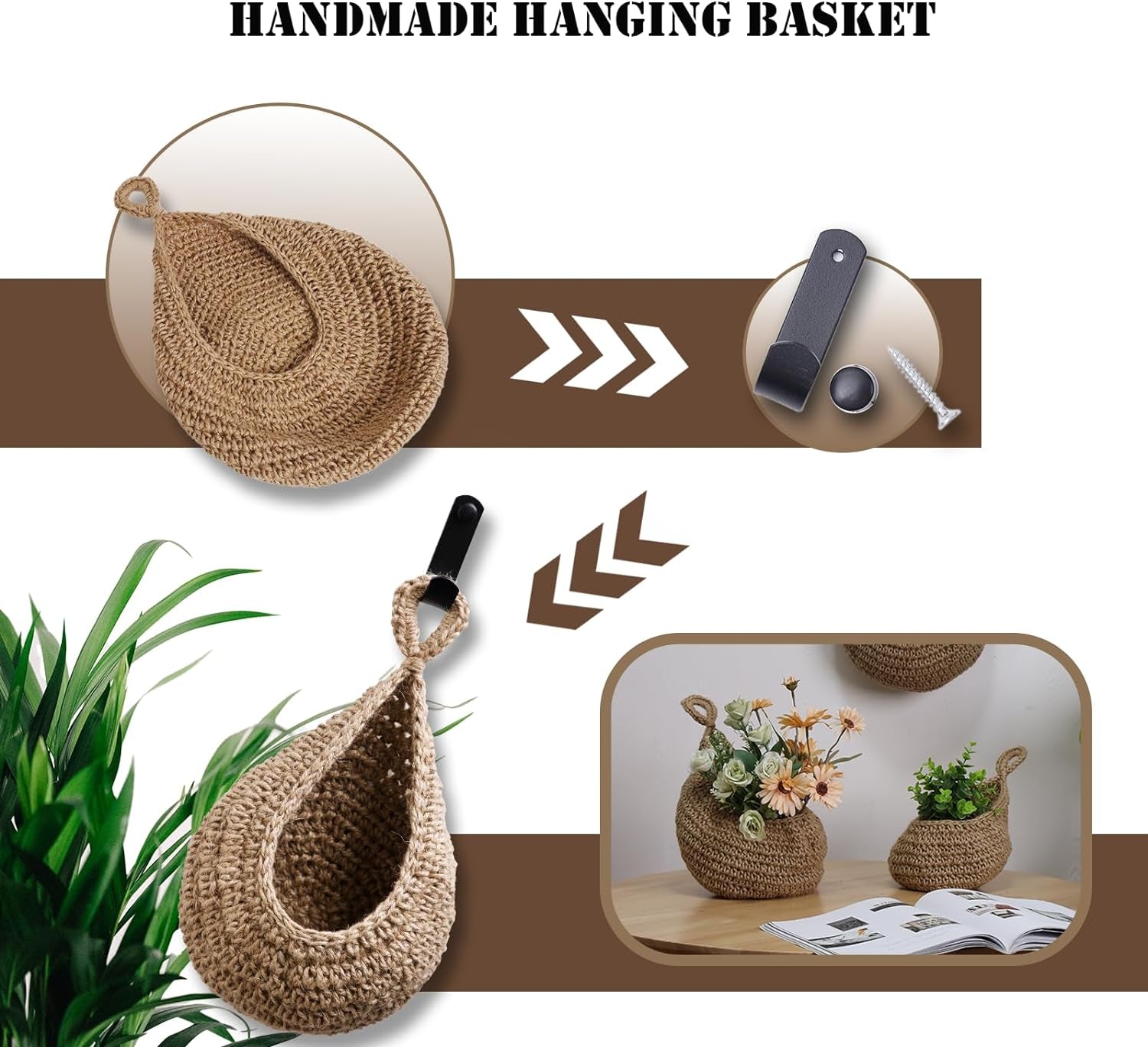 Hanging Fruit Basket Set of 3, Boho Wall Hanging Storage Jute Basket for Organizing & Decor, Handmade Teardrop Hammock Holder for Onion Fruit Vegetable in Home & Restaurant Kitchen with Hooks