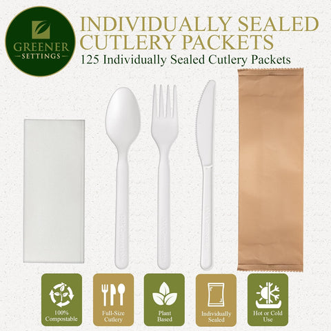 Image of 125 Sets  Disposable Forks Spoons Knives Napkins Individually Wrapped Utensils Recyclable Silverware Pouches Cutlery Packets