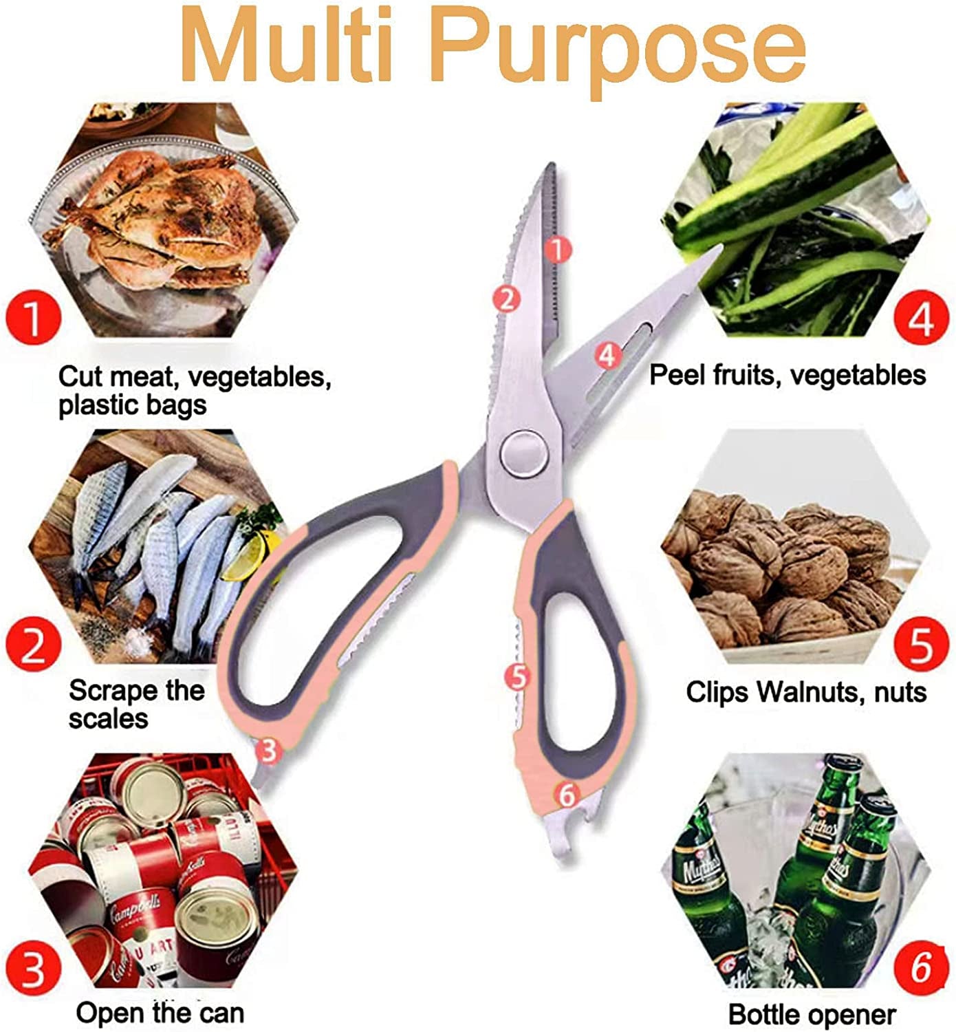 Kitchen Scissors All Purpose, Come Part Kitchen Shears Heavy Duty, Food Scissors Dishwasher Safe, Meat Scissors Poultry Shears, Stainless Steel Sharp Cooking Scissors for Chicken Fish Vegetable (Pink)