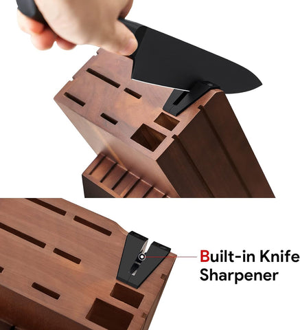 Image of Home Knife Storage Block, Walnut Wooden Knife Block Holder, Universal Kitchen Knife Blocks with Built-In Sharpener, 14 Slots Knife Holder for Kitchen Counter, without Knives