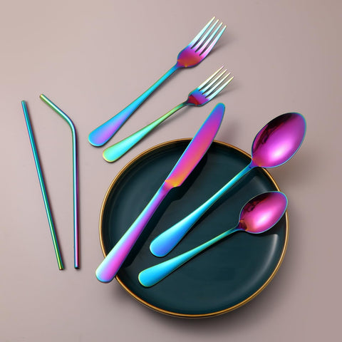 Image of 84 Pieces Mirror Rainbow Silverware Service for 12 Flatware Set Stainless Steel Utensils Cutlery Set Dishwasher Safe