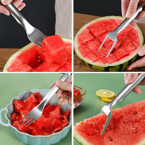 Image of 2-In-1 Watermelon Fork Slicer, Watermelon Slicer Cutter, Stainless Steel Fruit Watermelon Cutter for Family Parties Camping, Professional Fruit Forks Slicer for Watermelon Cubes (1PCS)