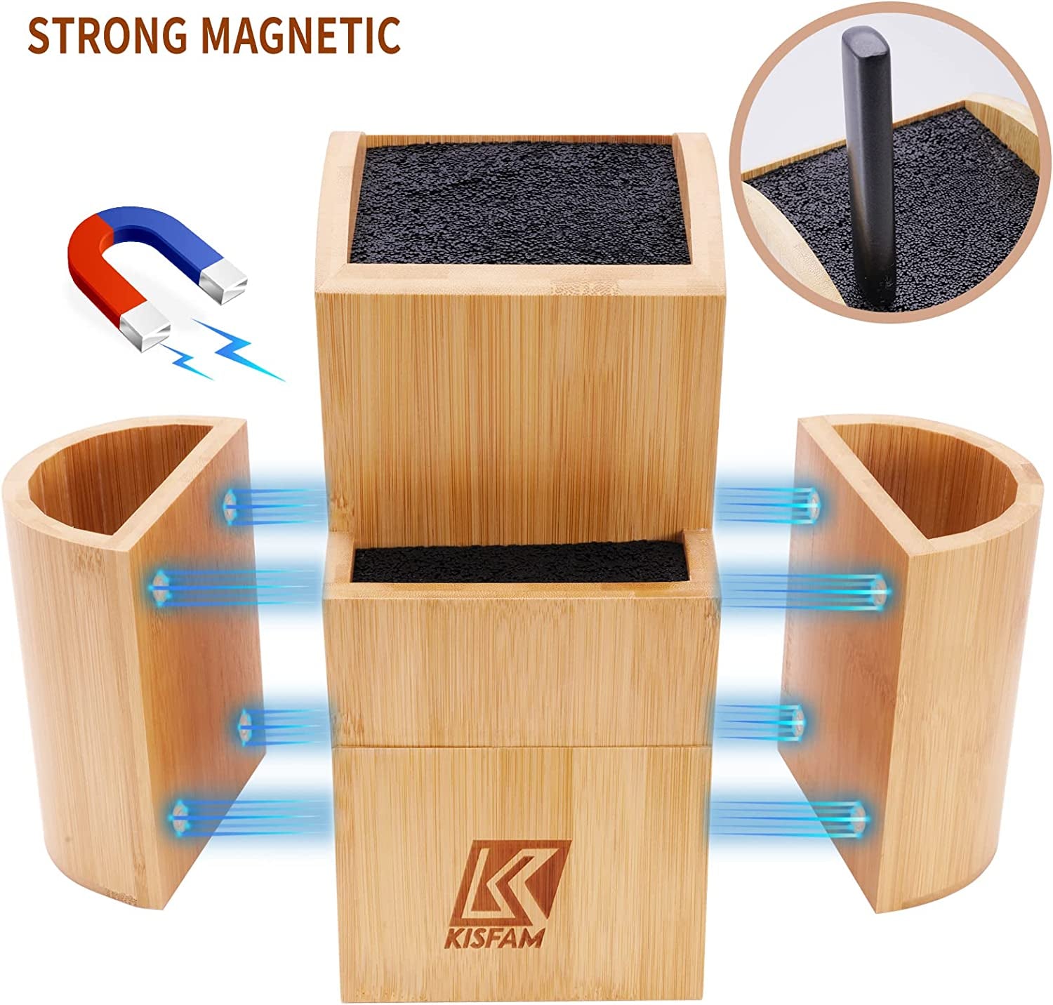 Bamboo Universal Knife Block Two-Tiered Slot-Less Wooden Knife Stand, Knife Organizer & Holder - Convenient Safe Storage for Large & Small Knives & Utensils - Easy to Clean Removable Bristles