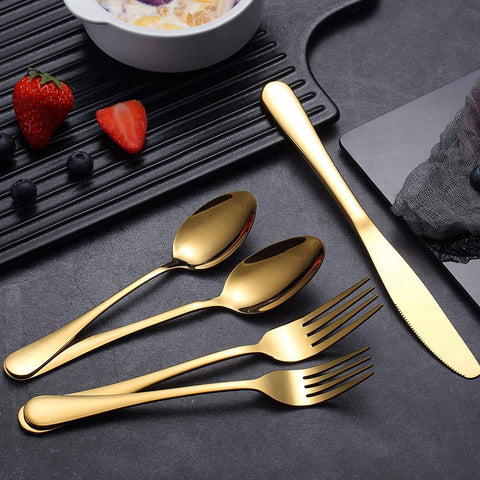 Image of Flatware Set 46 Piece, Stainless Steel with Titanium Gold Plated Flatware Set 45 Pieces Add 1 Pie Sever, Golden Flatware Set, Silverware, Cutlery Set Service for 8 (Shiny Gold)