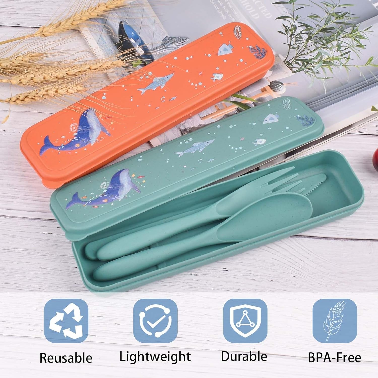 Reusable Utensil Set with Case, 2 Sets Travel Cutlery Set, Wheat Straw Fork Knife Spoon Set, Portable Utensils Set for Camping Picnic Party Work Lunch (Sea Island Cartoon Pattern Design) (Style 2)