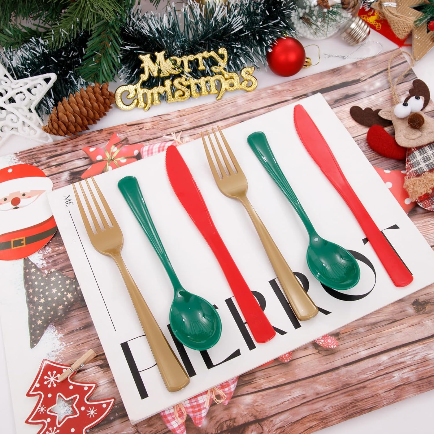 180 Pieces Disposable Plastic Christmas Silverware Cutlery - Plastic Flatware Set 60 Gold Forks, 60 Red Knives and 60 Green Spoons - Heavy Duty Gold Plastic Cutlery - Gold Utensils for Christmas