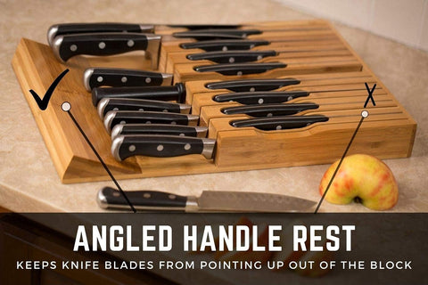 Image of In-Drawer Bamboo Knife Block Holds 16 Knives (Not Included) without Pointing up plus a Slot for Your Knife Sharpener!  Knife Organizer Made from Quality Moso Bamboo