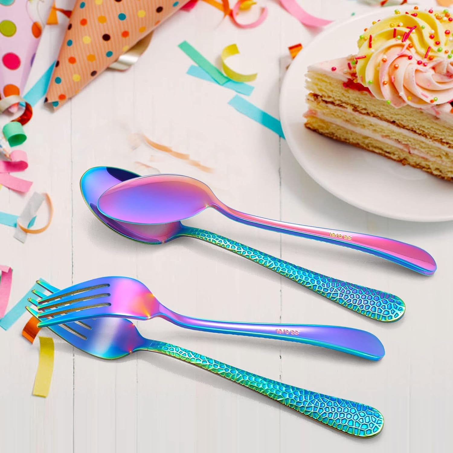 14-Piece Kids Silverware Set, Rainbow Toddler Utensils Flatware Set, Stainless Steel Child Preschooler Cutlery Set, Includes 7 Kids Spoons, 7 Kids Forks, Dishwasher Safe