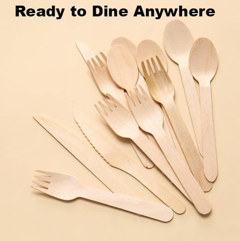 Wooden Cutlery Disposable Utensils Set - 50-Pack of Disposable Wooden Cutlery Set, Individually Wrapped Utensils and Napkins for Cafes or Restaurants - Includes Knife, Fork, Spoon, and Napkin