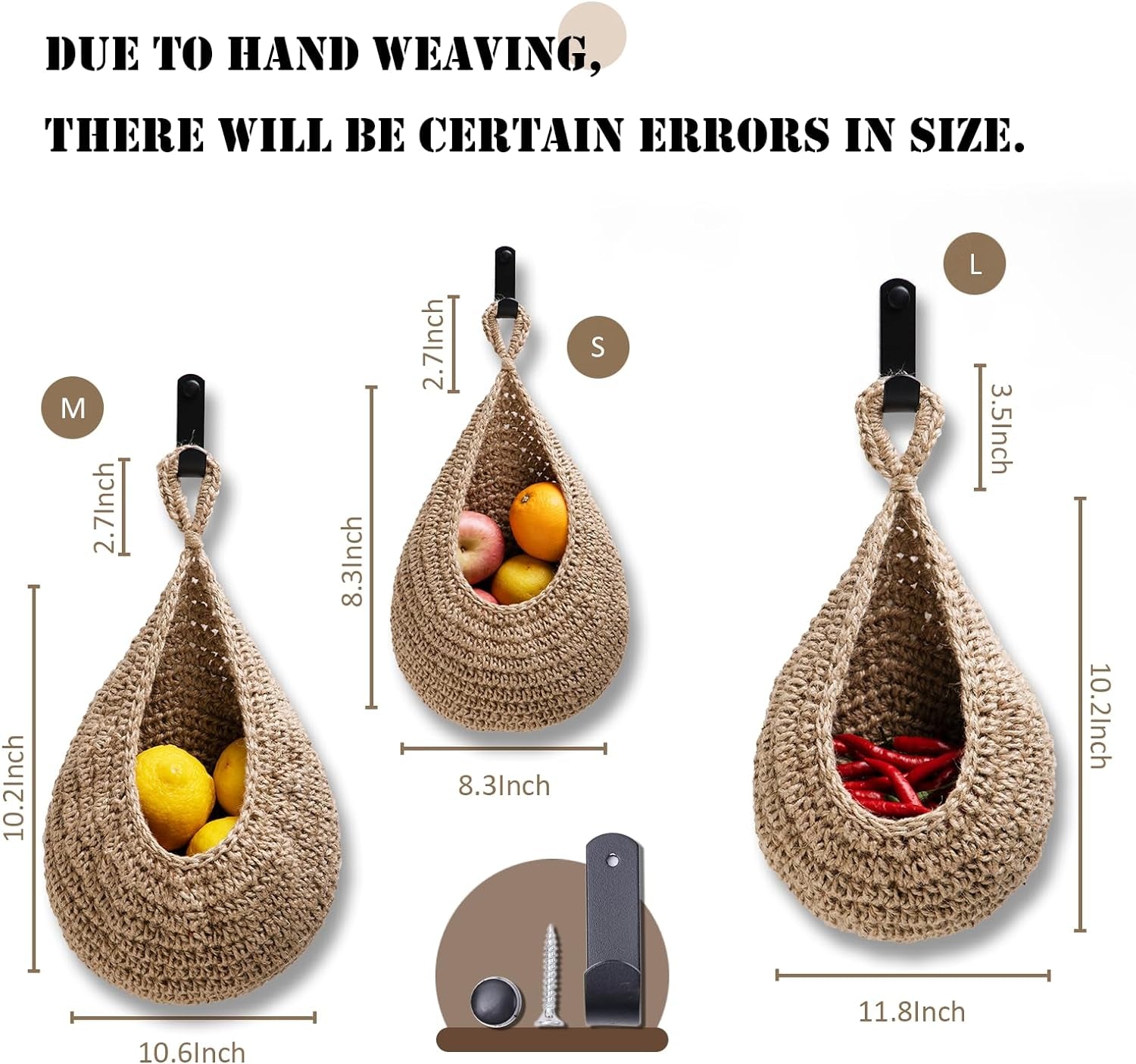 Hanging Fruit Basket Set of 3, Boho Wall Hanging Storage Jute Basket for Organizing & Decor, Handmade Teardrop Hammock Holder for Onion Fruit Vegetable in Home & Restaurant Kitchen with Hooks