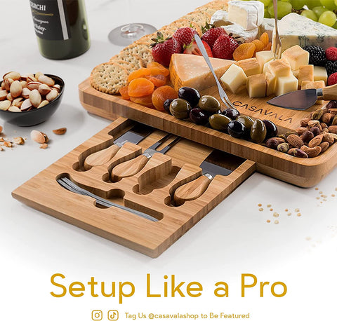 Image of Bamboo Cheese Board Set - Includes 4 Cheese Knives & 10 Cheese Forks- Charcuterie Board Set, Fruit, Cured Meat Serving Platter with Drawer- Ideal for Parties & Events