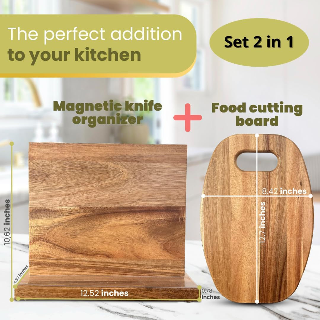 - Magnetic Knife Block + Cutting Board for Kitchen | Magnetic Knife Holder with Strong Enhanced Magnets, Knife Block without Knives, 3 Rows of Magnetic Strips, Knife Holder | Set 2 in 1