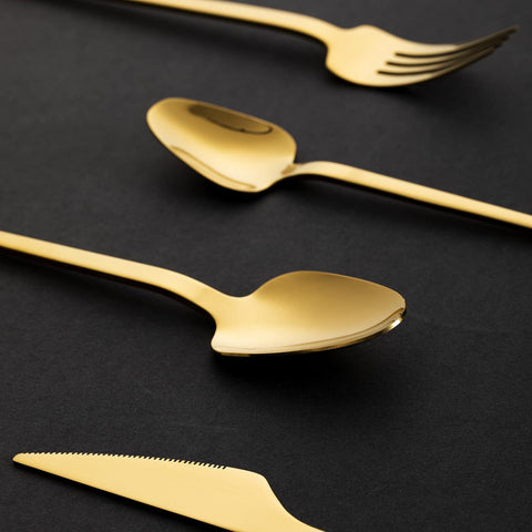 Image of Luxury Gold Silverware Set, Heavy Duty 20-Piece Golden 18/10 Stainless Steel Flatware Sets for 5, Tableware Eating Utensils Titanium Gold Plated,  Unique Exclusive Creative Design (Shark)