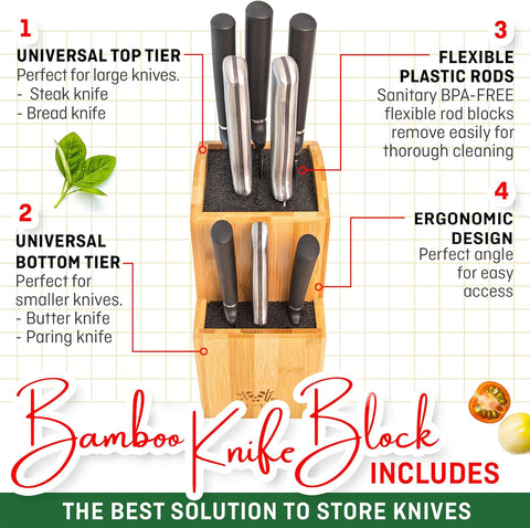 Image of Bamboo Universal Knife Block | Extra Large Capacity for up to 20 Knives of Multiple Sizes | Modern Knife Storage