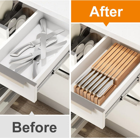 Image of In-Drawer Bamboo Knife Block,Drawer Knife Storage Steak Knife Holder without Knives,Holds up to 7 Knives(Not Include)