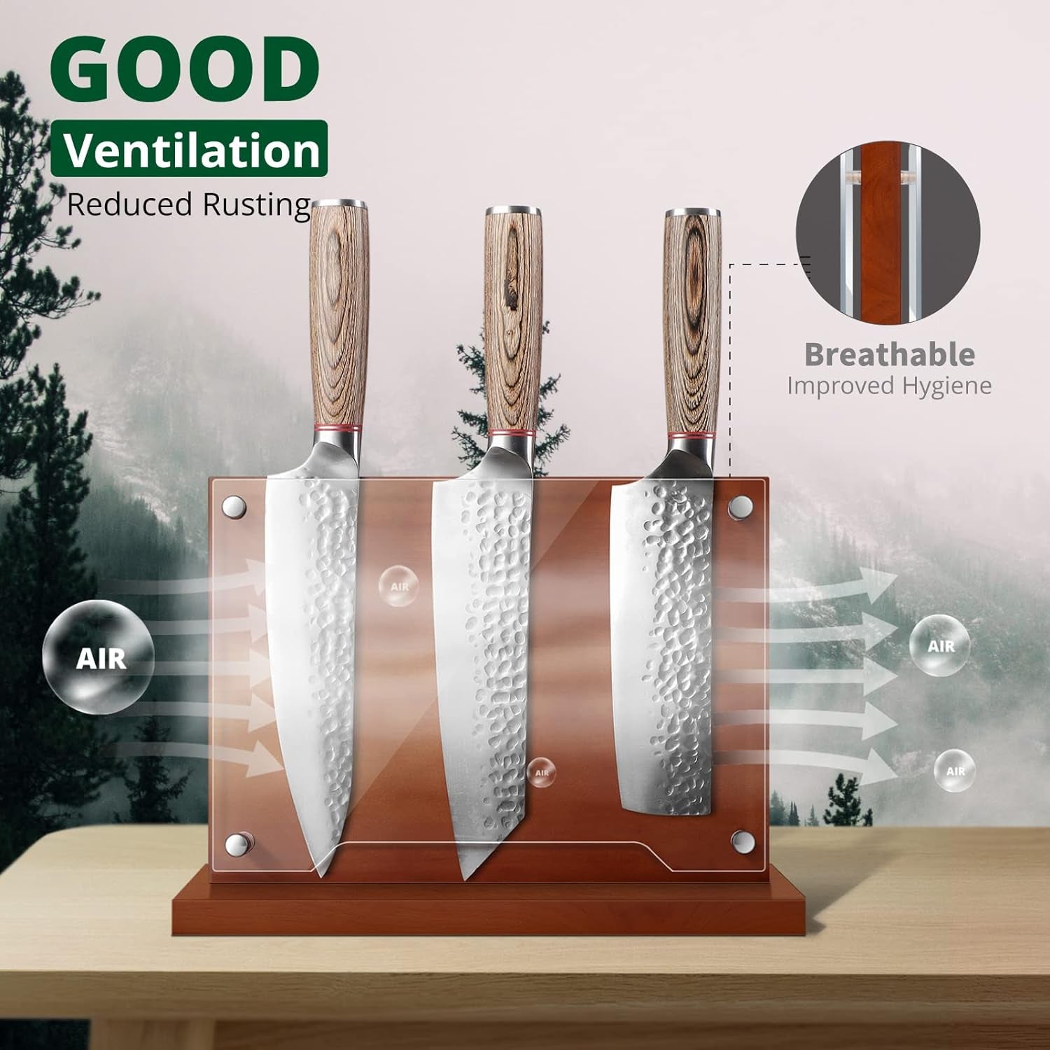 Magnetic Knife Holder with Acrylic Shield-Double Sided Magnetic Knife Block without Knives for Kitchen Wooden Magnetic Knife Rack Multifunctional Storage Knife Holder for Knives Display,Storage
