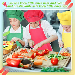20 Pcs Kids Apron and Chef Hat Set Kids Plastic Knife Set with Cutting Board, 5 Toddler Apron 5 Chef Hat 5 Kid Safe Knives 5 Kids Chopping Board for Baking Cooking Club, Preschool Class