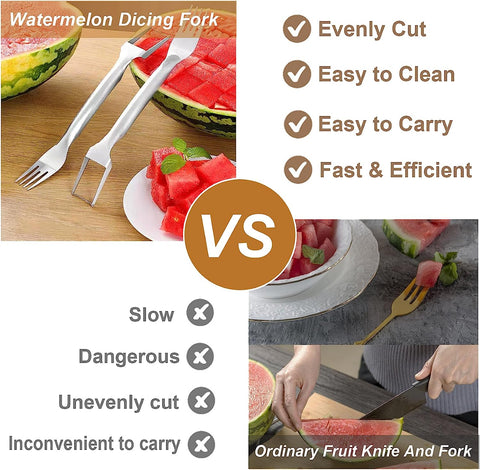 Image of Watermelon Fork Slicer Cutter, Watermelon Cutter Slicer Tool, Portable Dual Head Stainless Steel Fruit Forks Slicer Tool Kitchen Gadgets for Family Party(2Pcs)