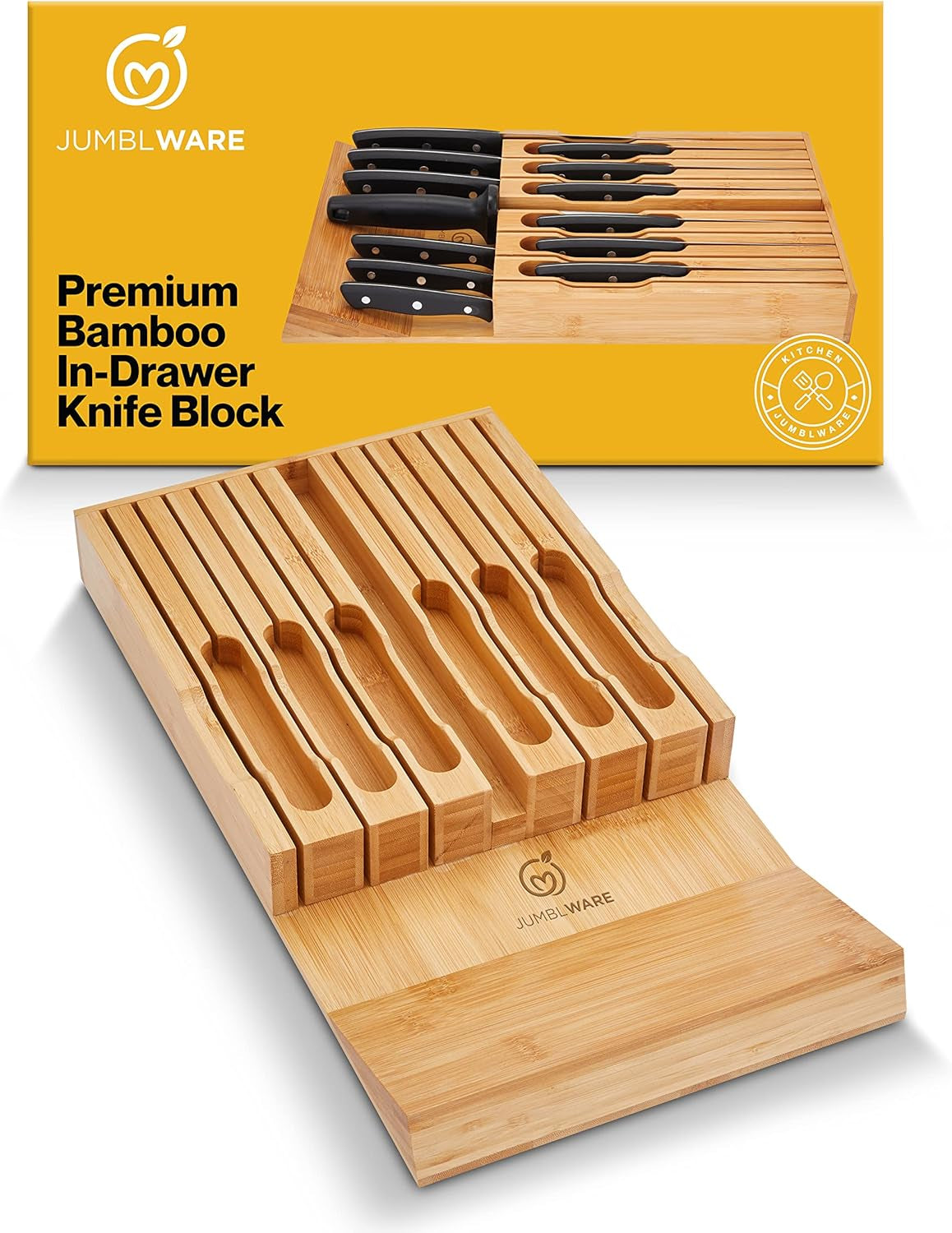 Bamboo In-Drawer Knife Block Wooden Organizer & Cutlery Holder Insert for inside Drawer, Cabinet or Counter Universal Dock Fits 16 Steak Knives & Sharpener Great Kitchen Gadget Gift