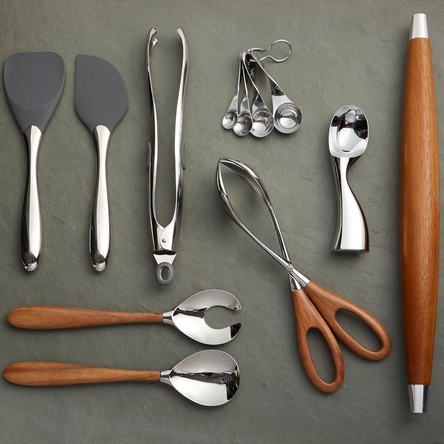 Curvo Salad Scissors | 13 Inch Kitchen Tongs for Cooking, Salad, and Grilling | Made of Stainless Steel and Acacia Wood | Designed by Steve Cozzolino